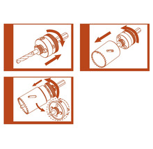 Ilustrație a unui ferăstrău circular cu burghiu și fixare