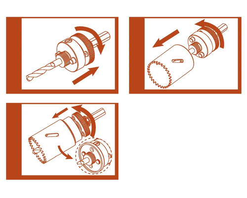 Ilustrație a unui ferăstrău circular cu burghiu și fixare