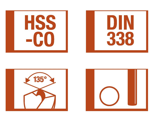 Simboluri pentru burghie: HSS-CO, DIN 338, unghi de vârf de 135 grade, diametru burghiu