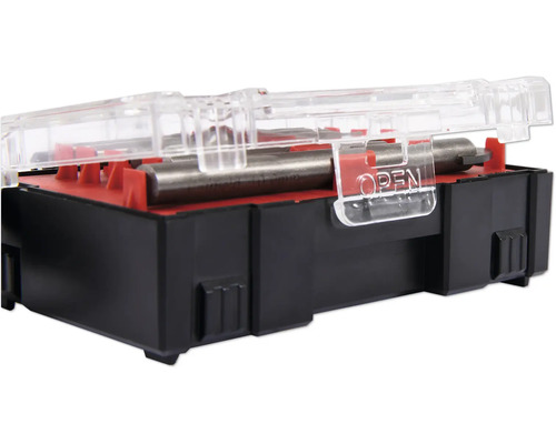 Set de burghie în cutie de plastic neagră cu capac transparent