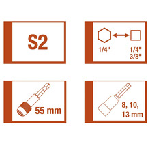 Informații despre oțelul S2, unitatea hexagonală de ¼ inch, unitatea pătrată de ¼ inch și 3/8 inch, precum și suportul de biți de 55 milimetri lungime și inserțiile cheilor tubulare de 8, 10 și 13 milimetri
