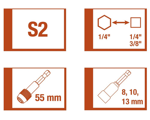 Informații despre oțelul S2, unitatea hexagonală de ¼ inch, unitatea pătrată de ¼ inch și 3/8 inch, precum și suportul de biți de 55 milimetri lungime și inserțiile cheilor tubulare de 8, 10 și 13 milimetri