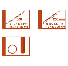 Informații despre burghie pentru lemn cu dimensiunile de 320 mm și 250 mm și diametrele de 10, 12, 14, 16, 18 și 20 mm.