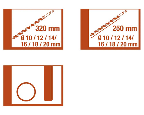 Informații despre burghie pentru lemn cu dimensiunile de 320 mm și 250 mm și diametrele de 10, 12, 14, 16, 18 și 20 mm.