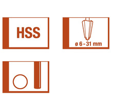 Simbol HSS pentru scule din oțel rapid, interval diametru de la 6 la 31 milimetri, simbol pentru găurire