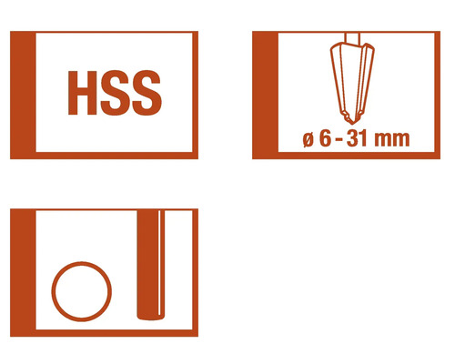 Simbol HSS pentru scule din oțel rapid, interval diametru de la 6 la 31 milimetri, simbol pentru găurire