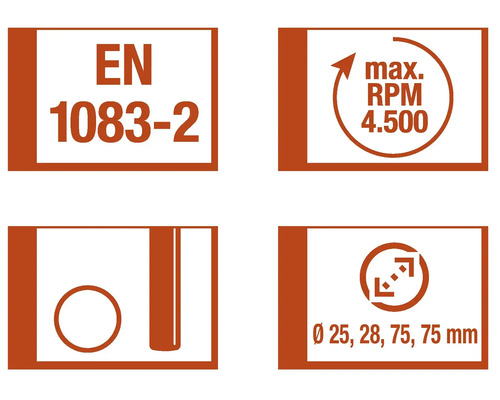 Norma EN 1083-2, turație maximă 4500 rotații pe minut, diametru 25, 28, 75, 75 milimetri