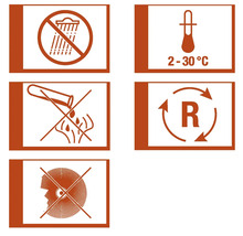 Pictograme: A se proteja de umezeală, temperatura de depozitare între 2 și 30 de grade, coroziv, reciclare și purtarea protecției pentru ochi