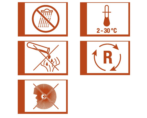 Pictograme: A se proteja de umezeală, temperatura de depozitare între 2 și 30 de grade, coroziv, reciclare și purtarea protecției pentru ochi