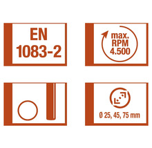 Norma EN 1083-2, turație maximă 4500 rot/min, diametru 25, 45, 75 milimetri