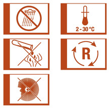 Simboluri pentru depozitarea și manipularea produsului: A se proteja de ploaie, temperatura de depozitare între 2 și 30 de grade, a nu se arunca în canalizare, reciclare, a se purta protecție pentru ochi
