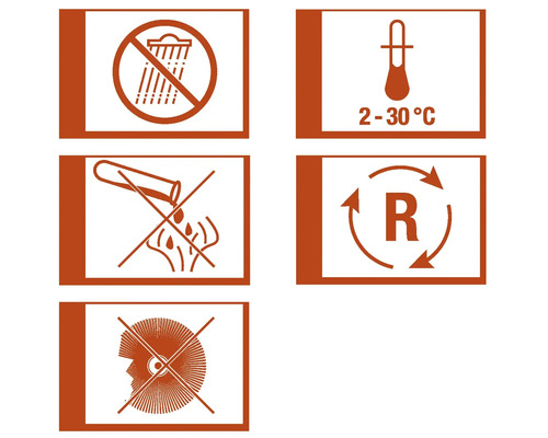 Simboluri pentru depozitarea și manipularea produsului: A se proteja de ploaie, temperatura de depozitare între 2 și 30 de grade, a nu se arunca în canalizare, reciclare, a se purta protecție pentru ochi