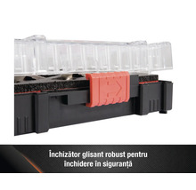 Imagine detaliată a unei cutii de scule cu capac transparent și închizătoare