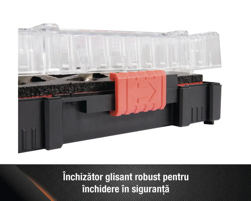 Imagine detaliată a unei cutii de scule cu capac transparent și închizătoare