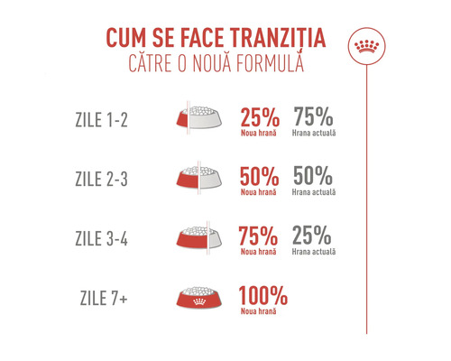 Diagramă de tranziție treptată la hrană nouă pentru câini pe parcursul a șapte zile