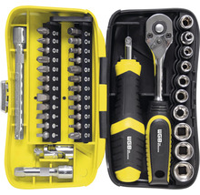 Set de scule cu cheie cu clichet, șurubelniță și biți în valiză galbenă