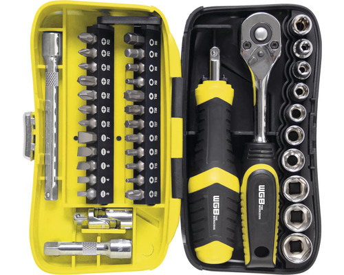 Set de scule cu cheie cu clichet, șurubelniță și biți în valiză galbenă