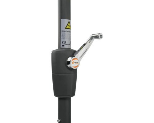 Mecanism cu manivelă al unei umbrele de soare cu instrucțiuni de siguranță și logo-ul Schneider Schirme