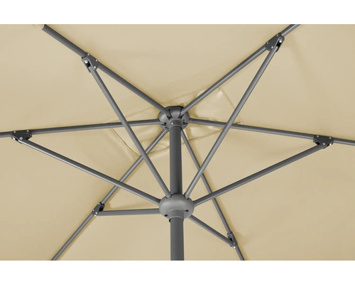 Partea inferioară a unei umbrele de soare cu cadru metalic și husă din material textil