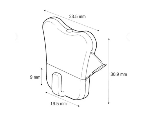 Desen tehnic al unui suport cu dimensiunile 23,5 mm, 30,9 mm, 9 mm și 19,5 mm.