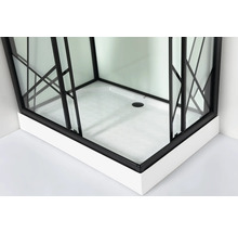 Cabină de duș pe colț cu cadru negru și cadă de duș albă.