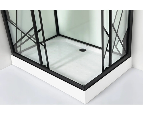 Cabină de duș pe colț cu cadru negru și cadă de duș albă.