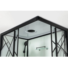 Imagine detaliată cu cabină de duș cu duș fix și duș de mână și raft de sticlă