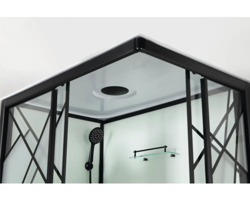 Imagine detaliată cu cabină de duș cu duș fix și duș de mână și raft de sticlă