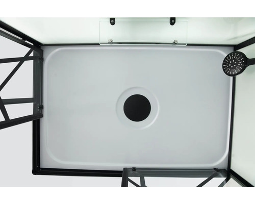 Vedere interioară a unei cabine de duș cu cadă de duș și duș de mână