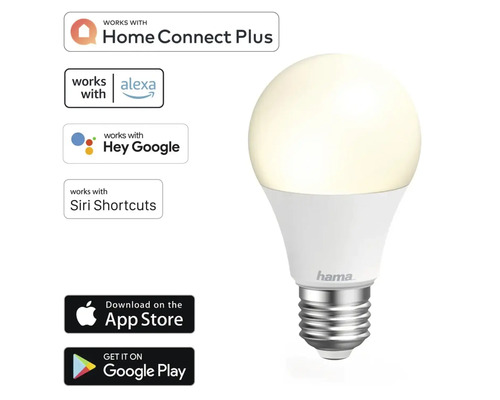 Logo Hama, bec inteligent compatibil cu Home Connect Plus, Alexa, Hey Google și Siri Shortcuts