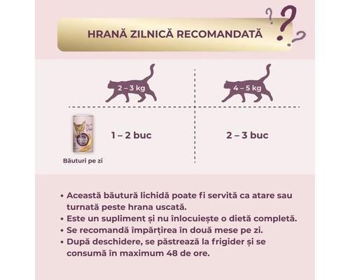 Rație zilnică recomandată de hrană pentru pisici, cu recomandări de dozare în funcție de greutatea pisicii