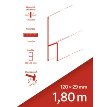 Grosimea materialului mai mică de 1,6 milimetri, precizie 1 milimetru pe metru, profil 120 x 29 milimetri, rezistent la șocuri, lungime 1,80 metri