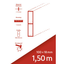 Grosime material mai mică de 1,2 mm, precizie 1 mm pe metru, profil 100 x 18 mm, rezistent la șocuri, lungime 1,50 metri