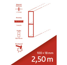 Grosimea materialului mai mică de 1,2 mm, precizie 1 mm pe metru, profil 100 x 18 mm, rezistent la șocuri, 100 x 18 mm, 2,50 metri