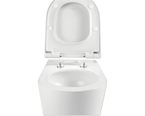 Vas WC suspendat cu spălare profundă, margine deschisă de spălare și capac WC