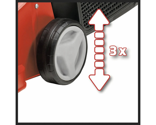 Prim-plan cu o roată de echipament cu săgeți care indică reglarea triplă a înălțimii