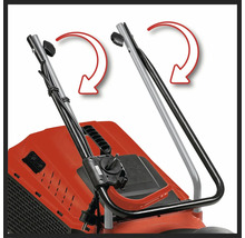 Imagine detaliată a unei mașini de tuns iarba care arată funcția de pliere a mânerului cu săgeți.