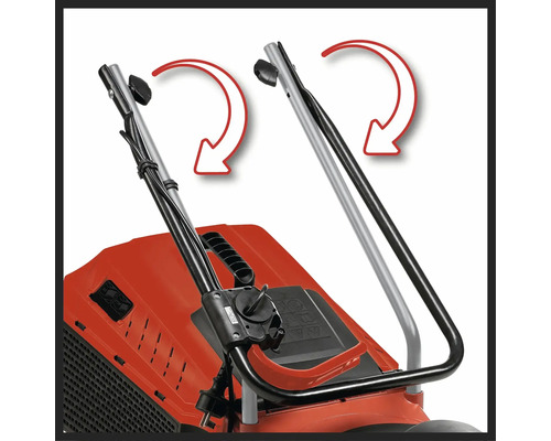 Imagine detaliată a unei mașini de tuns iarba care arată funcția de pliere a mânerului cu săgeți.