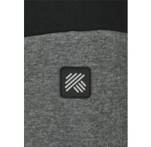 Prim-plan cu un hanorac gri cu un logo negru, dreptunghiular