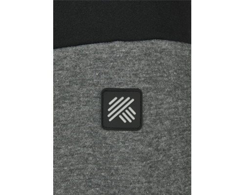 Prim-plan cu un hanorac gri cu un logo negru, dreptunghiular