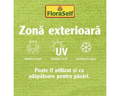 Logo FloraSelf. Potrivit pentru utilizare în exterior. Fabricat manual. Rezistent la UV. Rezistent la îngheț. Poate fi folosit ca adăpător pentru păsări.