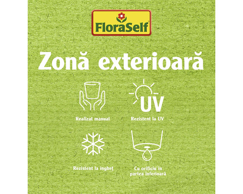 Logo FloraSelf cu simboluri pentru exterior: Fabricat manual, rezistent la UV, rezistent la îngheț, cu orificiu în partea inferioară