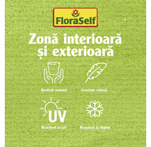 Logo FloraSelf și informații despre produs: interior și exterior, realizat manual, greutate redusă, rezistent la UV, rezistent la îngheț