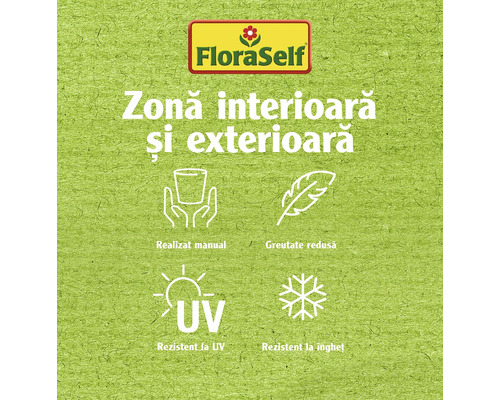 Logo FloraSelf și informații despre produs: interior și exterior, realizat manual, greutate redusă, rezistent la UV, rezistent la îngheț
