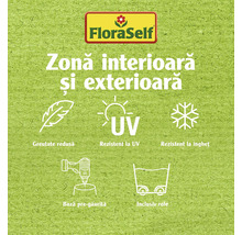 Informații FloraSelf pentru interior și exterior, greutate redusă, rezistență la UV, rezistență la îngheț, bază pre-găurită și role incluse