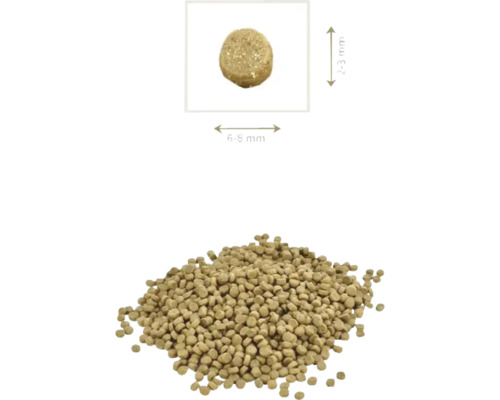 Grămadă de peleți pentru hrana peștilor cu indicarea dimensiunii