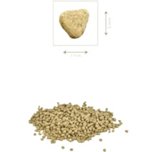 Reprezentare a dimensiunii peletelor pentru hrana animalelor, cu dimensiunile de 7 mm pe 5 mm și un morman de pelete