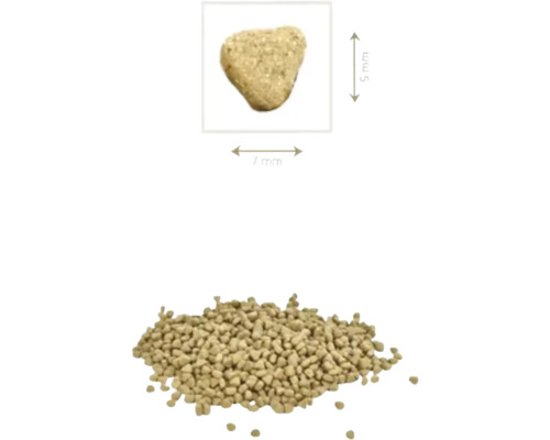 Reprezentare a dimensiunii peletelor pentru hrana animalelor, cu dimensiunile de 7 mm pe 5 mm și un morman de pelete