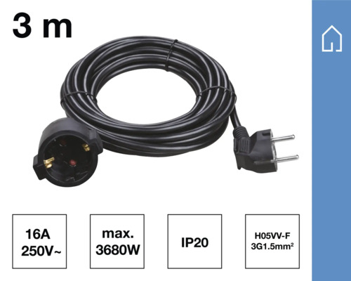 Cablu prelungitor de trei metri cu ștecăr și cuplă cu contact de protecție