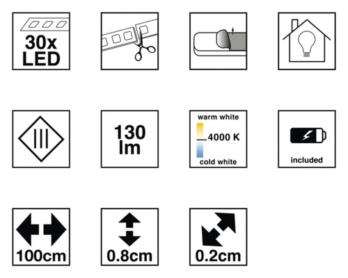 Caracteristici produs: 30 LED-uri, se poate tăia, autoadeziv, potrivit pentru interior, 130 lumeni, temperatura de culoare 4000 Kelvin, baterie inclusă, lungime 100 centimetri, lățime 0,8 centimetri, înălțime 0,2 centimetri
